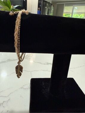Boho Feather Charm Braided Cord Bracelet Bronze Tone